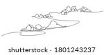 Rural landscape continuous one line vector drawing. Hills, house, trees and road hand drawn silhouette. Country nature panoramic sketch. 