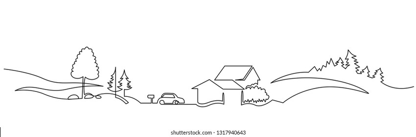 Rural landscape continuous one line vector drawing  Hills  houses  car trip hand drawn silhouette  Country nature panoramic sketch  Village minimalistic contour illustration  Isolated design element