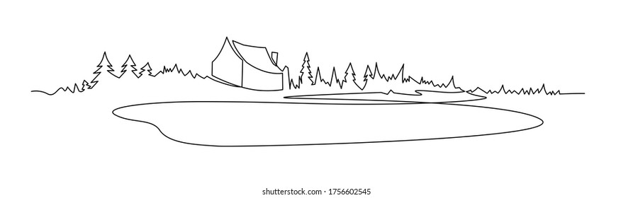 Rural landscape continuous one line vector drawing. Lake house in the woods hand drawn silhouette. Country nature panoramic sketch. Village minimalistic contour illustration. Isolated design element