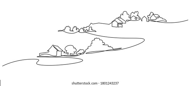 Rural landscape continuous one line vector drawing  Hills  house  trees   road hand drawn silhouette  Country nature panoramic sketch  