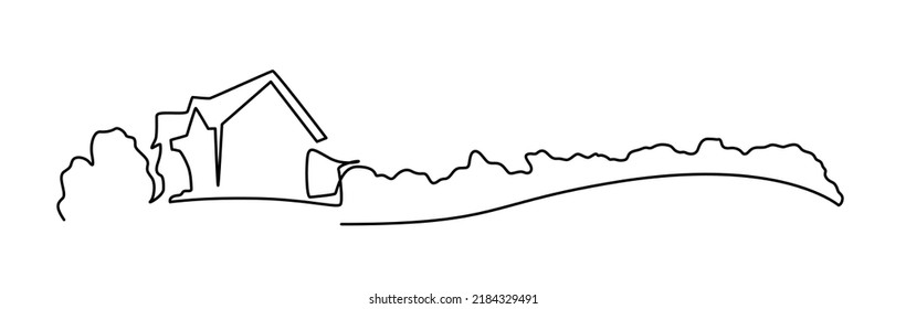 Rural landscape continuous one line vector drawing. house in the woods hand drawn silhouette. Country nature panoramic sketch. Village minimalistic contour illustration. Isolated design element