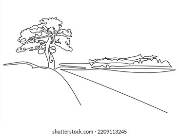 Rural landscape continuous one line vector drawing. Hills, trees and road hand drawn silhouette. Country nature panoramic sketch.