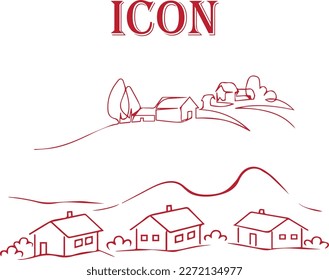Rural landscape continuous one line vector drawing  Hills  house  trees   road hand drawn silhouette  Country nature panoramic sketch House One continuous drawing line logo isolated minimal 