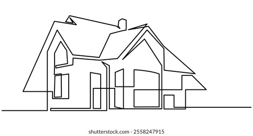 Rural landscape continuous one line vector drawing. Lake house in the woods hand drawn silhouette. Country nature panoramic sketch. Village minimalistic contour illustration, Family house in line draw
