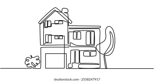 Rural landscape continuous one line vector drawing. Lake house in the woods hand drawn silhouette. Country nature panoramic sketch. Village minimalistic contour illustration, Family house in line draw