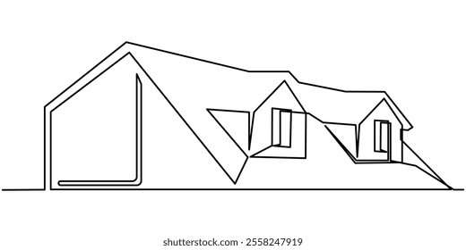 Rural landscape continuous one line vector drawing. Lake house in the woods hand drawn silhouette. Country nature panoramic sketch. Village minimalistic contour illustration, Family house in line draw