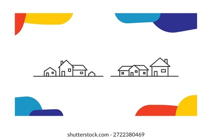 Desenho de vetor de uma linha contínuo da paisagem rural. Colinas, casas, carro viagem mão desenhado silhueta. 