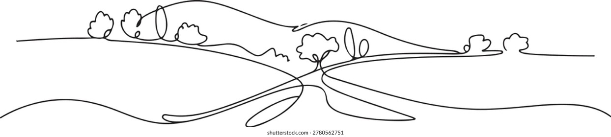 Rural landscape continuous one line vector drawing. Hills, trees and road hand drawn silhouette. one line Icon drawing
