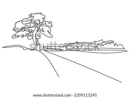 Rural landscape continuous one line vector drawing. Hills, trees and road hand drawn silhouette. Country nature panoramic sketch.