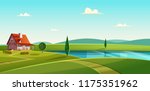 Rural landscape with cottage on the lake. Country house on the lakeshore. Farmland vector illustration.