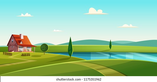 Rural landscape with cottage on the lake. Country house on the lakeshore. Farmland vector illustration.