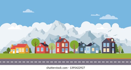 Rural landscape. Cottages at the road, mountain range in background flat design vector illustration