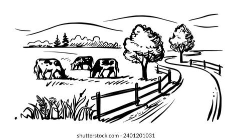 Rural landscape countryside with cows and trees