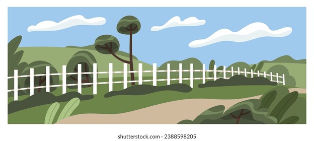 Rural landscape. Countryside nature panorama with farm pasture, farmland, grassland behind fence. Spring and summer scenery background, ranch, grass, pathway, sky and clouds. Flat vector illustration