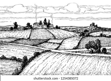 Rural landscape. Countryside scenery. Hand drawn ink sketch. Retro style vector illustration.