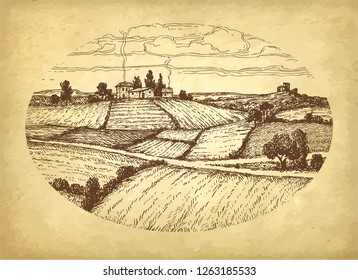 Rural landscape. Countryside scenery. Hand drawn ink sketch on old paper background. Retro style vector illustration.