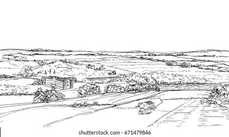 Rural landscape. Countryside view. meadow and fields skyline i doodle sketch engraving style