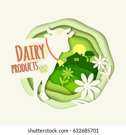 Rural landscape, cow, daisies, farm and inscription "Dairy products" Illustration for decoration packaging of farm products, shop, market, advertising. White and green.  Modern Trend paper Art. Vector