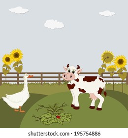 Rural landscape with cow , goose and sunflowers