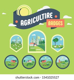 Rural landscape, cow grazing, farm, flowers, pasture, Cartoon style, vector illustration. Vector badges. Mountain landscape
