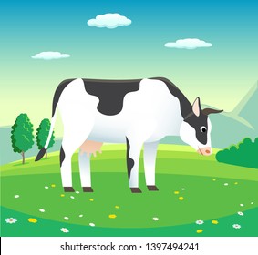 Rural landscape with cow in meadow, trees and blue sky with clouds, fresh natural product, vector illustration