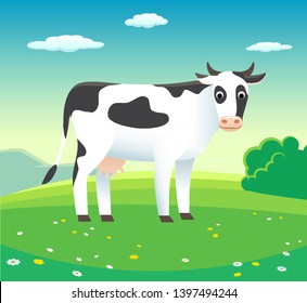 Rural landscape with cow in meadow, trees and blue sky with clouds, fresh natural product, vector illustration