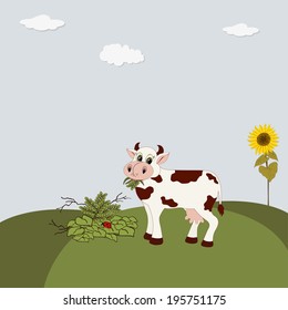Rural landscape with cow and sunflowers