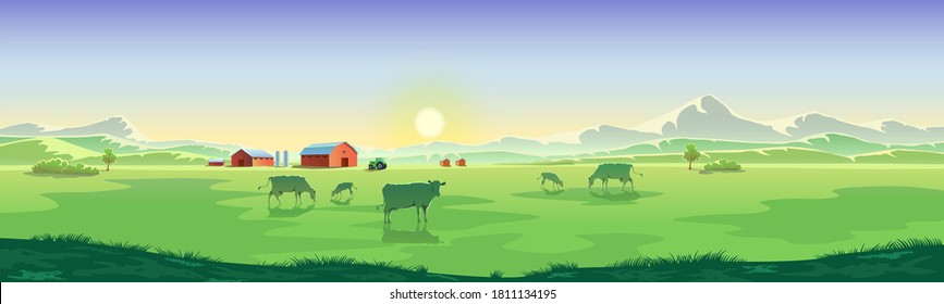 Rural landscape with cows in the background of mountains. Panoramic background with views of the farm. Stock vector illustration. EPS 10.