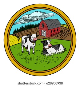Rural landscape and cows in circle vector illustration. Farm goods label design
