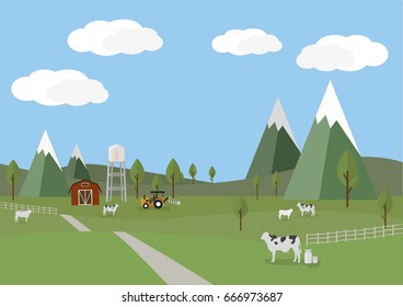 Rural landscape with cows and farm background of flat style vector illustration.