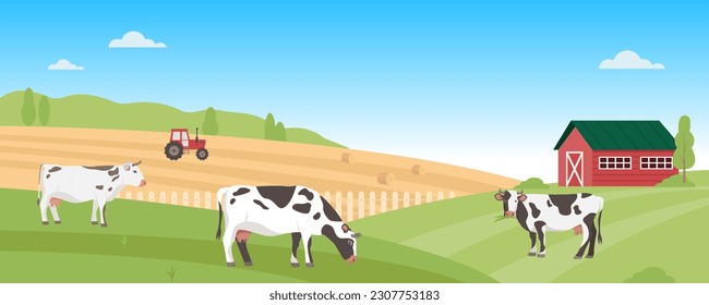 Paisaje rural con vacas. Granja en campo verde con cielo azul. Concepto de agricultura de productos lácteos. Ilustración vectorial.