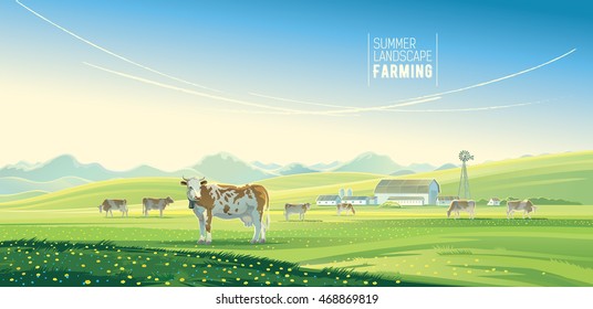 Rural landscape with cows and farm with mountain scenery in background.