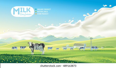 Rural Landscape With Cows And Farm With Mountain Scenery, And Splash Milk In Background. Vector Illustration.