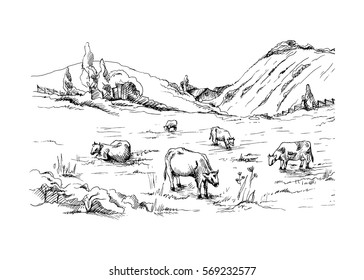 Rural landscape with cows and farm with mountain scenery in background in graphic style