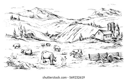 Rural landscape with cows and farm with mountain scenery in background in graphic style