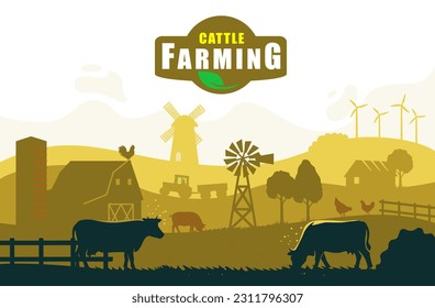 Rural landscape with cows. Farmland eco life