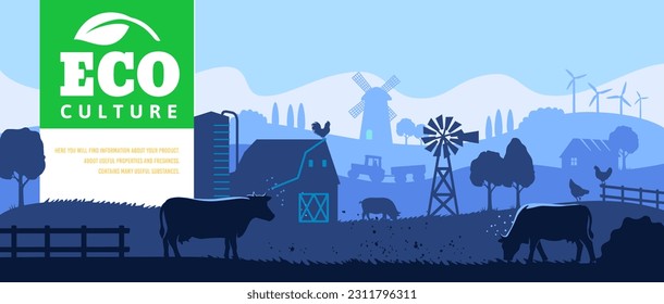 Rural landscape with cows. Farmland eco life