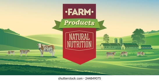 Rural landscape with cows and lettering design elements.
