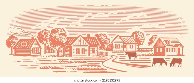 Rural landscape with cows vector. Village with field