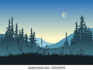Rural landscape with crescent moon at dawn. EPS version 10. 
