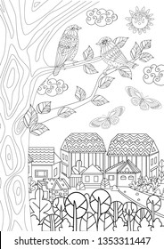 rural landscape with cute birds on tree for your coloring book