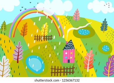 Rural Landscape Design Kids Style Graphic. Countryside summer landscape hand drawn kids cartoon.