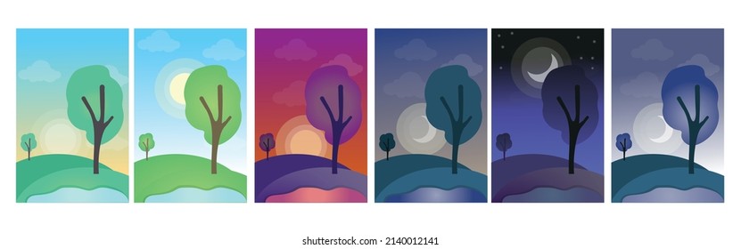 Rural landscape at different parts of the day. Daytime circle of sky and field as sunrise, morning or noon, sunset and night. Hills with tree, moon with stars and sunset vector illustration.