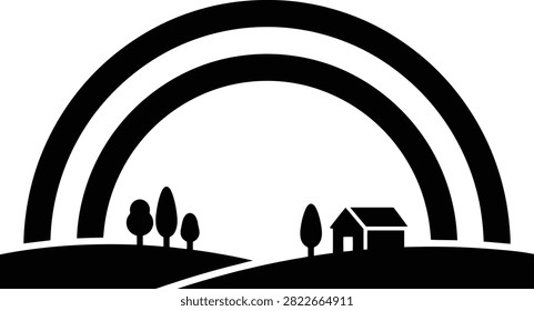 Rural landscape, double rainbow, trees, house, nature, clean design.
