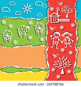 Rural landscape drawn on the pieces of torn colorful sheets of paper. Vector illustration.