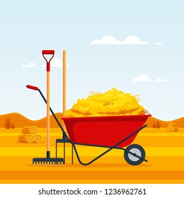 Rural landscape with dried haystacks on fields and red flat gardening wheelbarrow with bale of hay, pitchfork, rake. Farming haymow, agricultural haycock, haymaking time - vector illustration