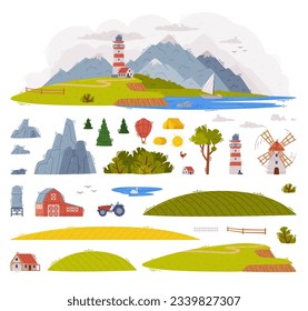 Rural Landscape Elements with Mountain, Field and Windmill Vector Set