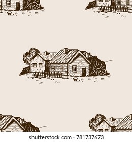 Diseño paisajístico rural, ilustración vectorial sin fisuras. Casas rurales. Fondo marrón envejecido. Imitación del estilo de pizarra. Imagen dibujada a mano.