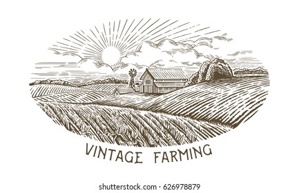 Rural landscape in engraving and vintage style. Hand drawn and converted to vector Illustration.