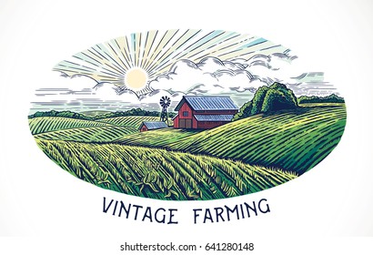 Rural landscape in engraving and vintage style. Hand drawn and converted to vector Illustration.